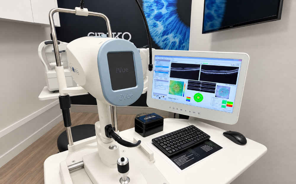 Retinal OCT scanner and imaging screen in our consulting room